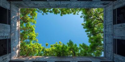 AI generated View of lush green trees under clear blue sky from concrete opening photo