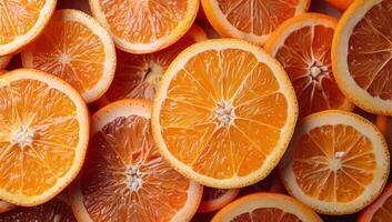 AI generated Juicy Orange Slices Background. Fresh Citrus Fruit Texture photo