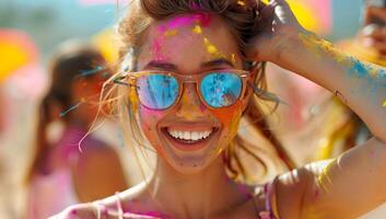 AI generated Portrait of happy young woman covered with holi powder at beach photo