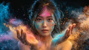 AI generated Portrait of a beautiful young asian woman with colored powder on her face photo