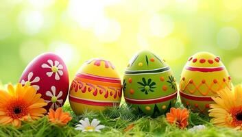 AI generated Colorful Easter eggs on green grass with flowers in the background. Easter concept with painted eggs and spring flowers. photo