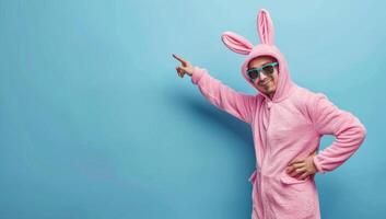 AI generated Young man in a pink bunny costume and sunglasses on a blue background photo