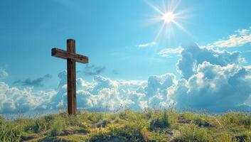 AI generated Wooden Cross on Green Hill Under Blue Sky photo