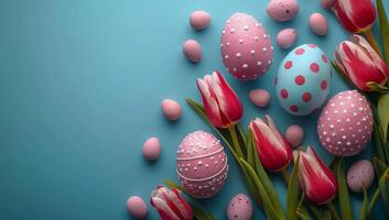 AI generated Colorful easter eggs and tulips on blue background with copy space photo