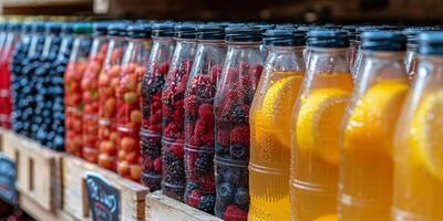 AI generated Fruit and berry juice in bottles on a market stall. photo