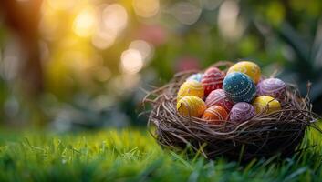 AI generated Colorful easter eggs in nest on green grass with bokeh background photo