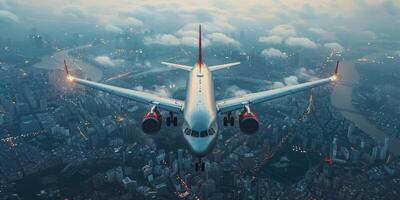 AI generated Airplane ascends over illuminated cityscape during dusk. photo