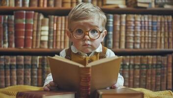 ai generado contento niñito chico vistiendo lentes se sienta en frente de estantería lleno con libros y lectura. curioso niño disfrutando su primero libro o tomando temprano aprendizaje pasos. foto