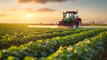 AI generated Tractor spraying pesticides on soy field at sunset. Modern agriculture, farming and technology concept. photo