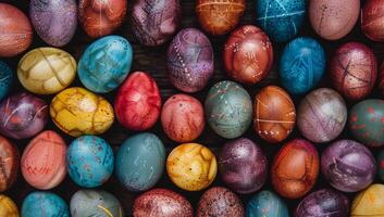 AI generated Colorful Easter eggs with intricate patterns and designs. Vibrant dyed eggs for spring holiday celebration photo