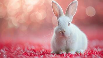ai generado linda blanco Conejo en rojo antecedentes con bokeh efecto. foto