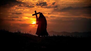 ai generado silueta de un hombre participación un cruzar a puesta de sol antecedentes. foto