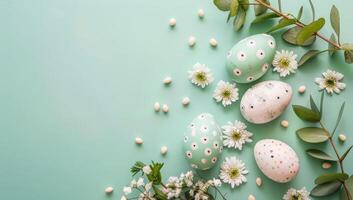 AI generated Easter eggs and spring flowers on pastel green background. Flat lay, top view photo