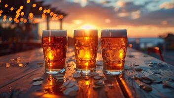 AI generated Refreshing beer after work. Three glasses of cold lager beer with foam on wooden table at sunset. Concept of relaxation, friendship and celebration photo