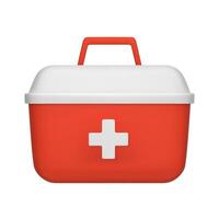 3D vector realistic closed red first aid kit, emergency box. Medical, hospital, doctor care bag. Symbol of safety, urgency help. Vector illustration in cartoon minimal style on a white background