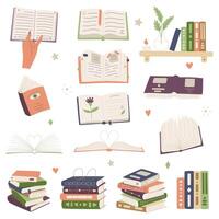 Set for book lovers. Books in hand, stack of books, bookshelf, open book. Reading, education, learning. Cartoon flat vector illustration isolated on white background