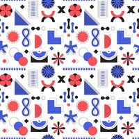 Seamless pattern with abstract graphic elements and bold geometric shapes. Flower, triangle, circles. Red and blue color objects in brutalism, bauhaus style. Vector design on white background