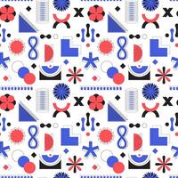 Seamless pattern with abstract graphic elements and bold geometric shapes. Flower, triangle, circles. Red and blue color objects in brutalism, bauhaus style. Vector design on white background