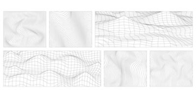 Abstract Vector wavy lines on a white background. Set of Geometric dynamic waves. 3D technology wireframe, abstract mountain landscape. Distorted wireframe elements. Geometric surface grid.