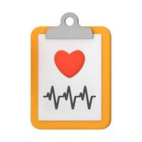 3d medical document with heart and cardiogram. Medical icon. Healthcare and medicine. Health check form report, health checkup clipboard. 3D vector illustration isolated on white background