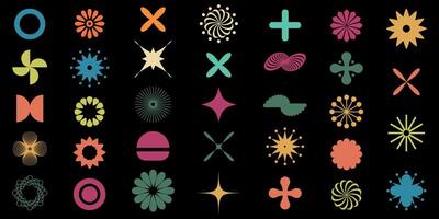 Set of geometric abstract floral shapes, set of vector icons as flowers, stylish retro brutal minimalist art. Simple collection of Memphis y2k elements, flat bauhaus template with floral mesh.