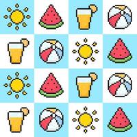 summer seamless pattern, pixel art elements, sun, juice, watermelon, beach ball, 8 bit old arcade game style, summer background, wrapping, poster and more, vector illustration