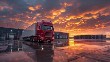 ai generado camión transporte logística a atardecer, entregando carga a escala nacional con vibrante cielo reflexiones en mojado pavimento foto