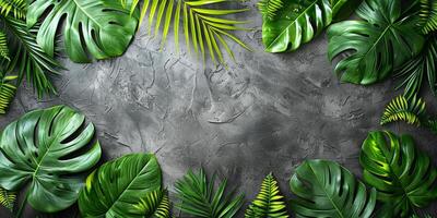 AI generated Tropical leaves on grey background. Flat lay, top view photo