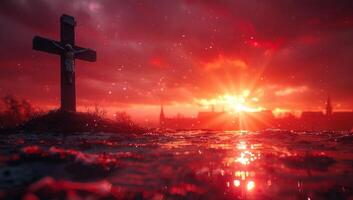 AI generated The crucifixion of Jesus Christ on a hill at sunset with red sky photo