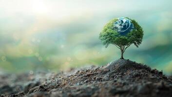 AI generated Lone tree growing on mound of soil, symbolizing environmental conservation, sustainability and perseverance of nature against the odds photo