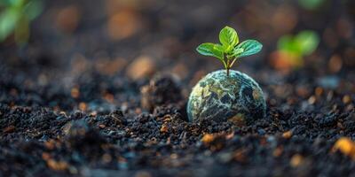 AI generated Green seedling sprouting from earth globe on fertile soil. New life, growth and nature concept. photo