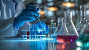 AI generated Scientist conducting chemical experiment in laboratory with test tubes and flasks. Concept of scientific research, analysis, and chemistry. photo