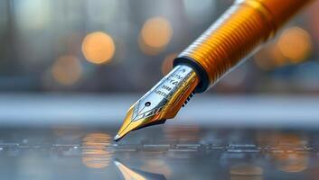 AI generated Fountain pen nib closeup with ink drops and bokeh lights. Concept of writing, creativity and artistic expression photo