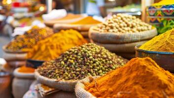 AI generated Vibrant display of spices at a bustling bazaar photo
