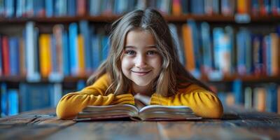 AI generated Joyful young girl with a cheerful smile studying in a library, resting on an open book. Concept of early education, love for reading, and academic success. photo