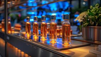 AI generated Perfume bottles on the bar counter in a luxury shopping mall photo