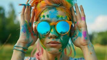 AI generated Close-up portrait of a beautiful young woman covered with colorful paint photo