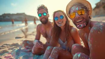 AI generated Three friends covered in colorful powder at the beach photo