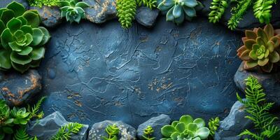 AI generated Succulent plants on dark blue textured background with copy space photo
