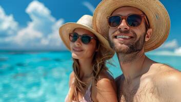 ai generado contento Pareja en un playa vacaciones foto