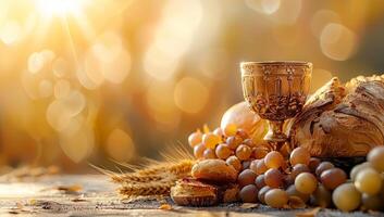 AI generated Sacred grail, bread, grapes and wine on table against blurred background photo