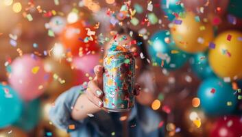 AI generated Festive party celebration with colorful confetti explosion. Joyful moment of fun and excitement captured with confetti cannon blast. photo