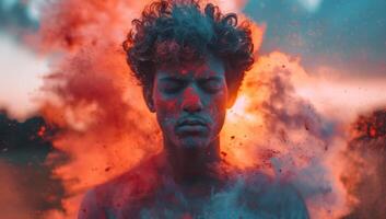 AI generated Portrait of a man covered in red and blue smoke from holi festival photo