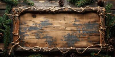 AI generated Christmas background with fir tree branches, pine cones and rope on wooden board photo