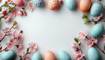 AI generated Colorful easter eggs and spring flowers on white background, flat lay. Space for text photo