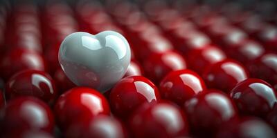 AI generated White heart standing out among red spheres. Concept of uniqueness, individuality, and being different. photo