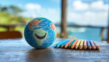 ai generado globo y de colores lapices en de madera mesa con Oceano vista. concepto de mundo educación, viajar, y creatividad. foto