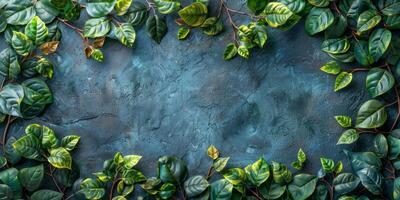 AI generated Vibrant green leaves border a textured blue background photo