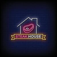 Neon Sign steak house with brick wall background vector