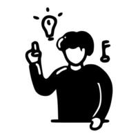 black hand drawn illustration of character raising his hand with light icon showing he has an idea suitable for business, presentation vector